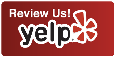 Red Yelp review button with white “Review Us!” text and Yelp logo on a red background