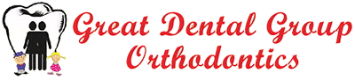 Great Dental Group Orthodontics logo with cartoon tooth and red script text on white background