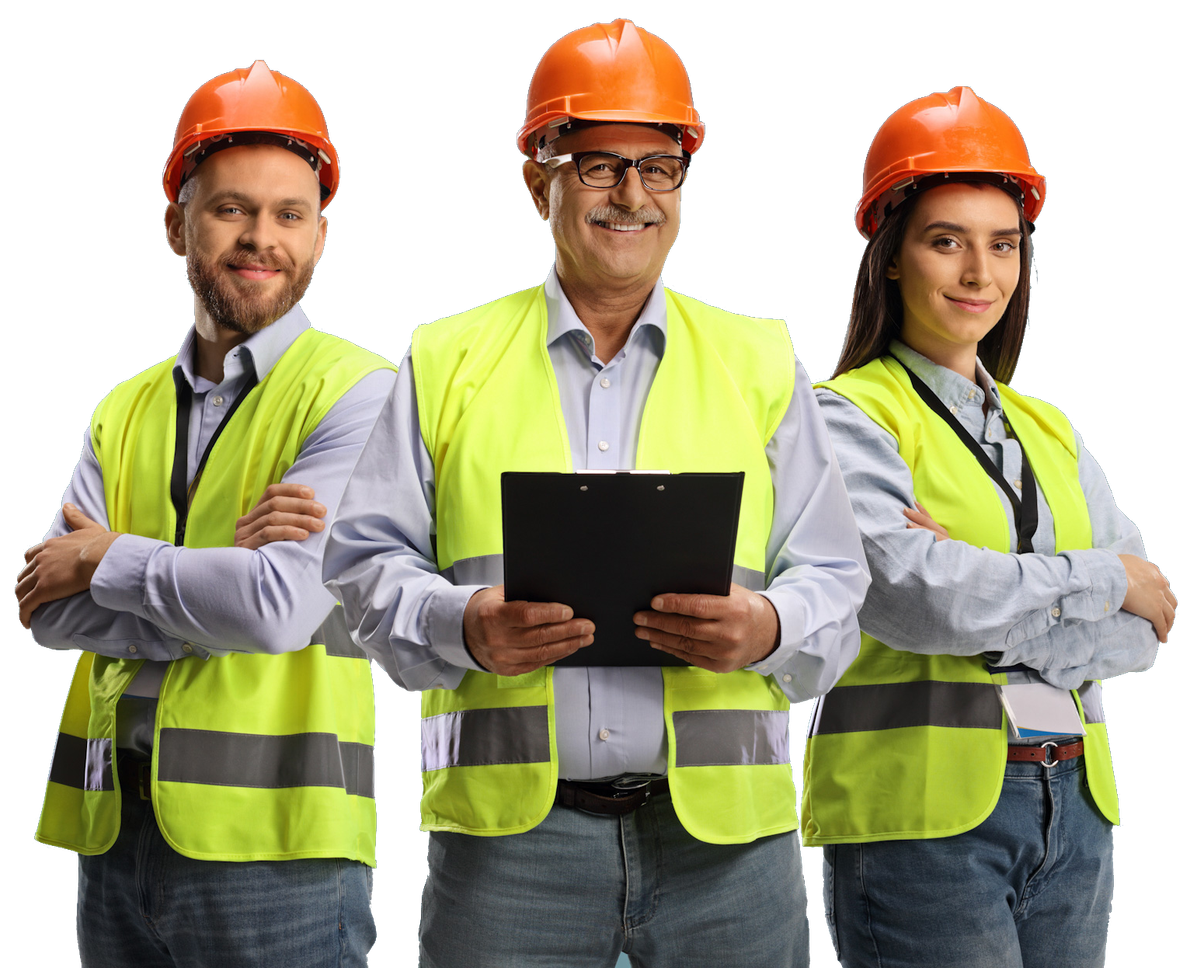 Three construction workers wearing hard hats and safety vests are standing next to each other.