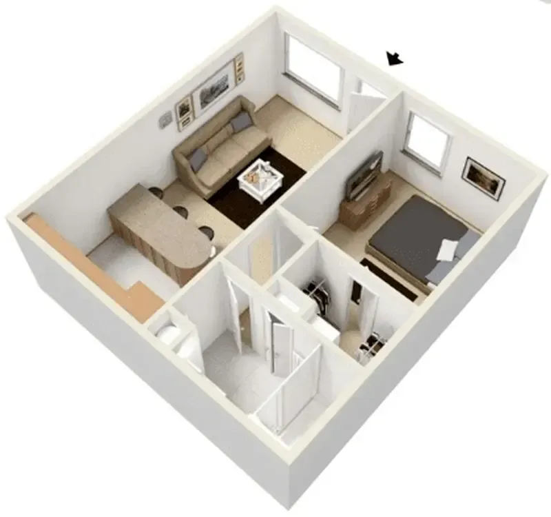 A 3d floor plan of a small apartment with a bedroom , living room , kitchen and bathroom.