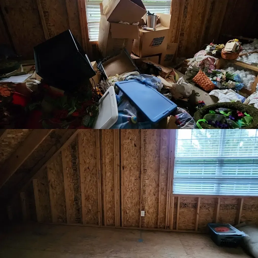 A before and after picture of a room filled with boxes and toys.