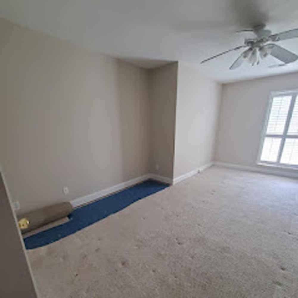 Empty beige bedroom with carpet, ceiling fan, and sunlight through a window with blinds.