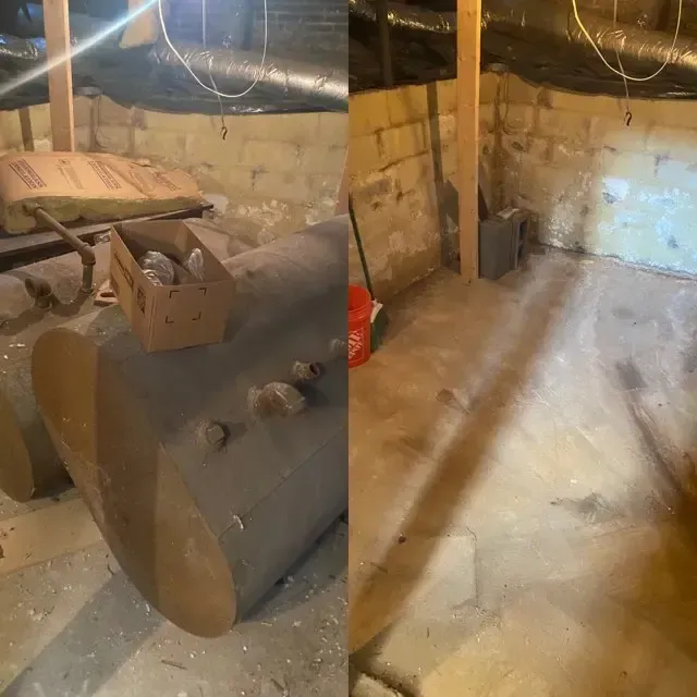A before and after photo of a dirty basement.