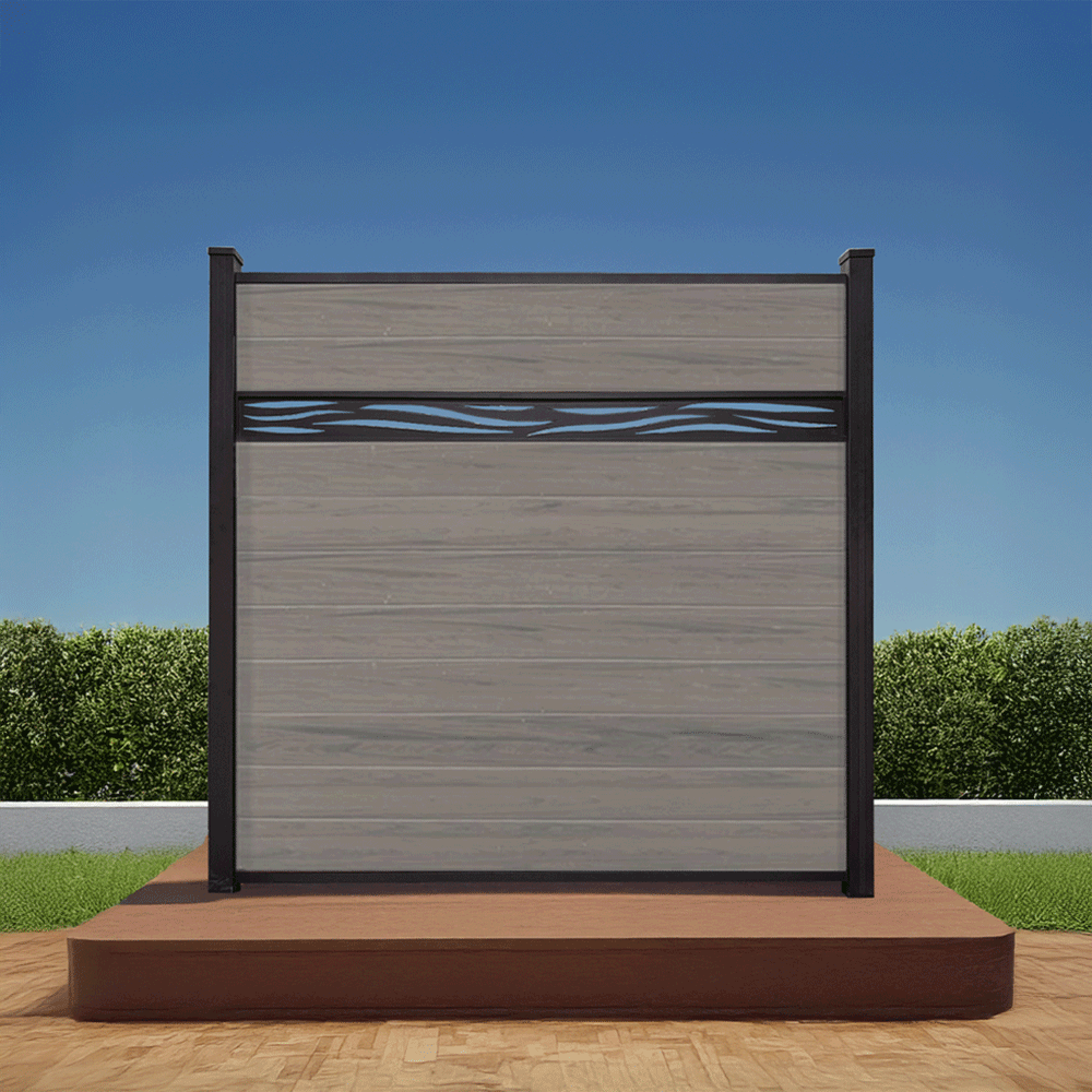 Composite privacy fence installed along a residential property line