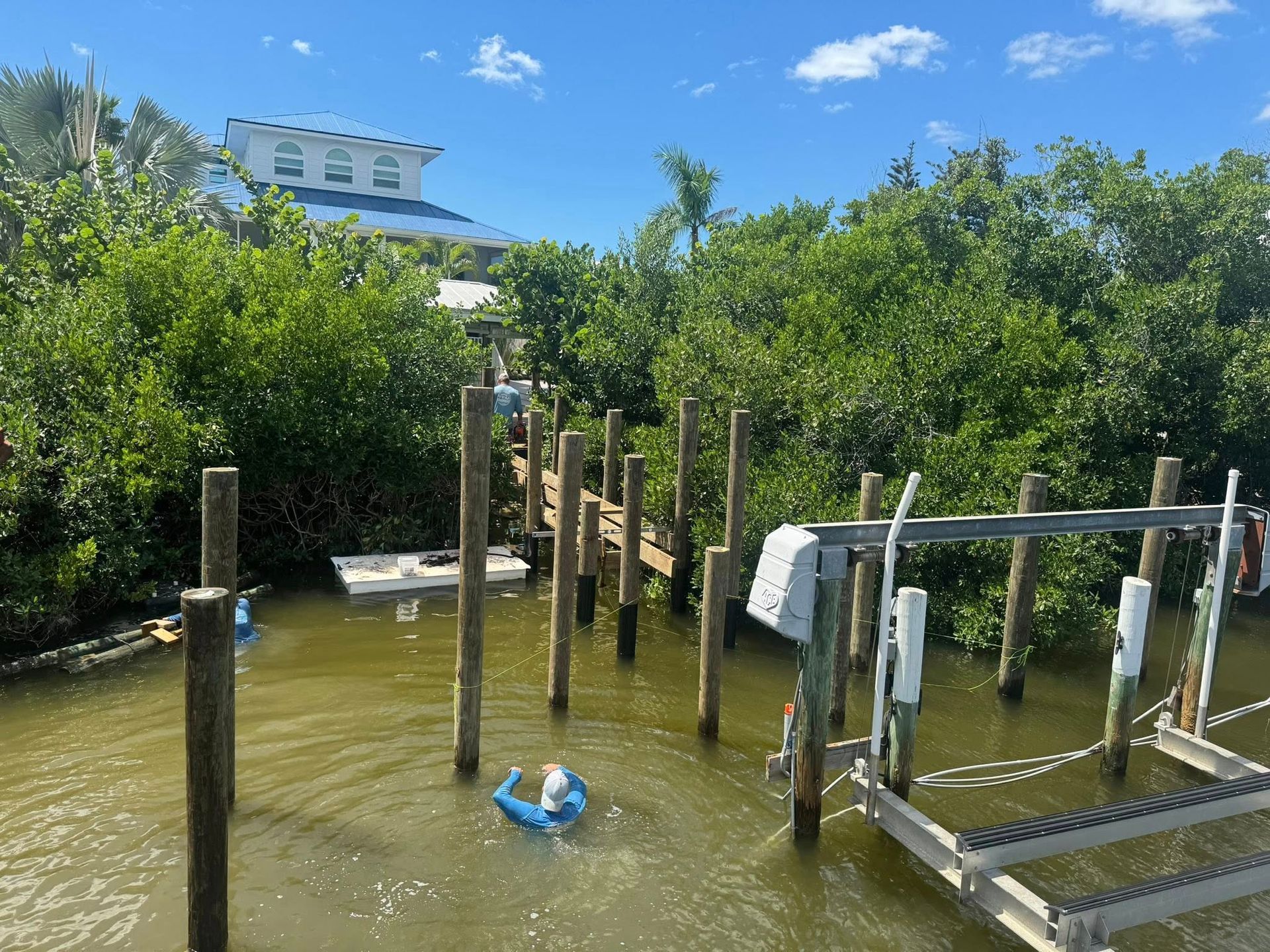 Muddy canal with wooden dock posts, dense green mangroves, and a blue float under a sunny sky