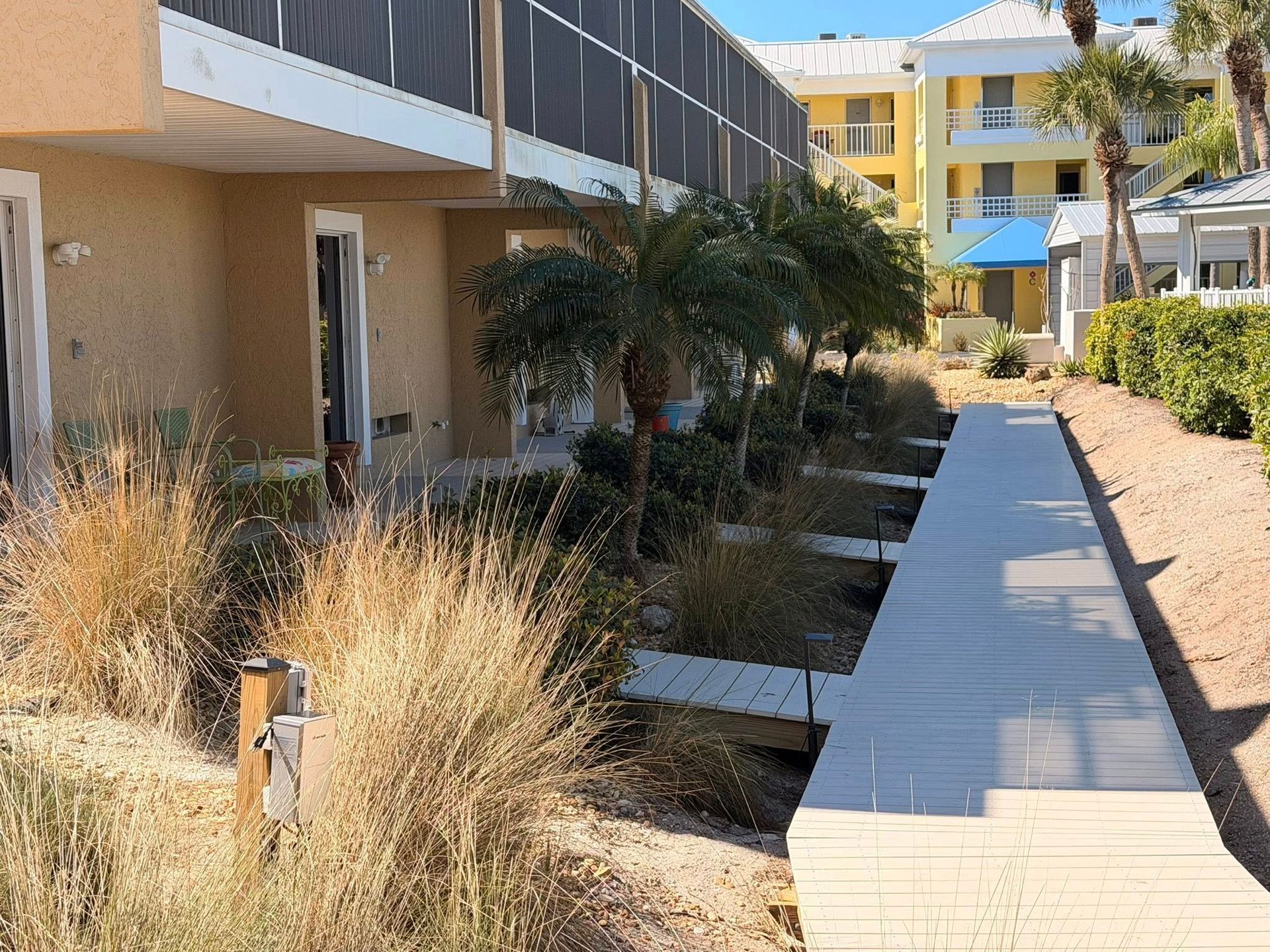 Sunny apartment walkway with desert landscaping, beige buildings, and palm trees