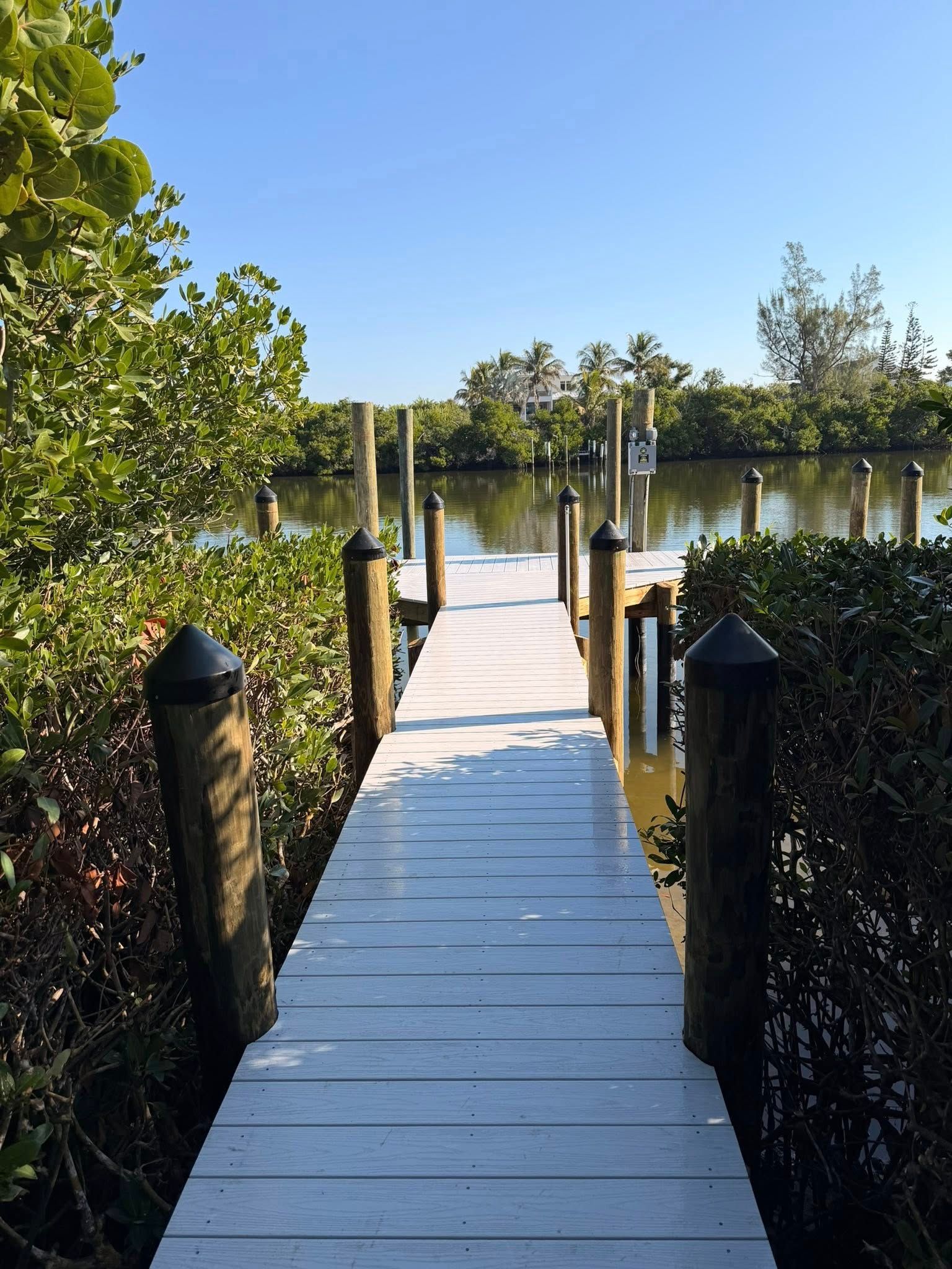 Wooden dock leading to a calm river, lined with posts and surrounded by green trees under a blue sky