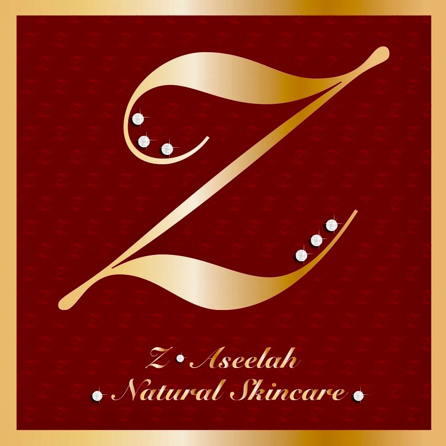 A red and gold logo for z aseelah natural skincare