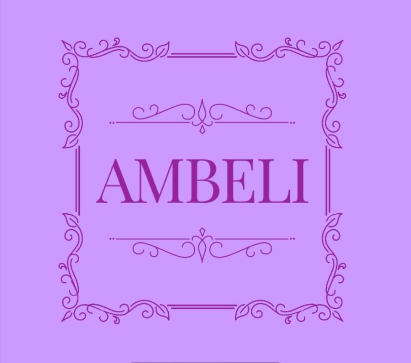 The word ambeli is in a purple frame on a purple background.