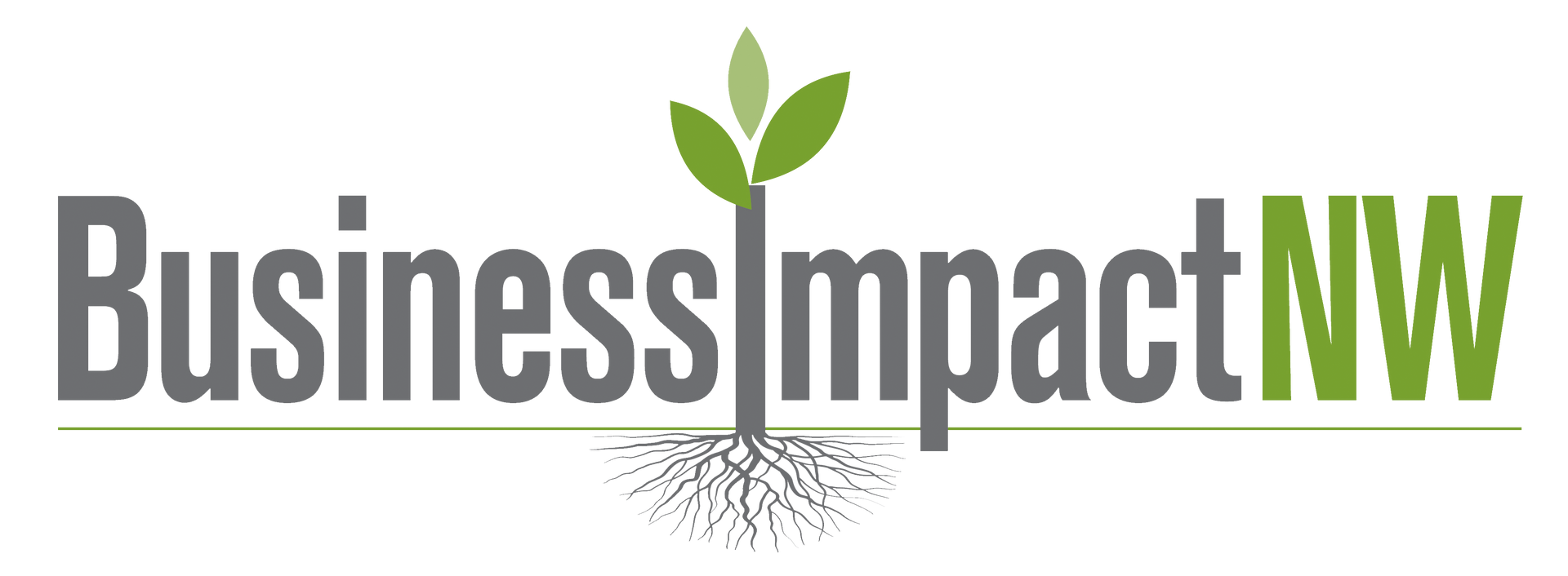 A logo for business impact nw with a plant growing out of the ground.