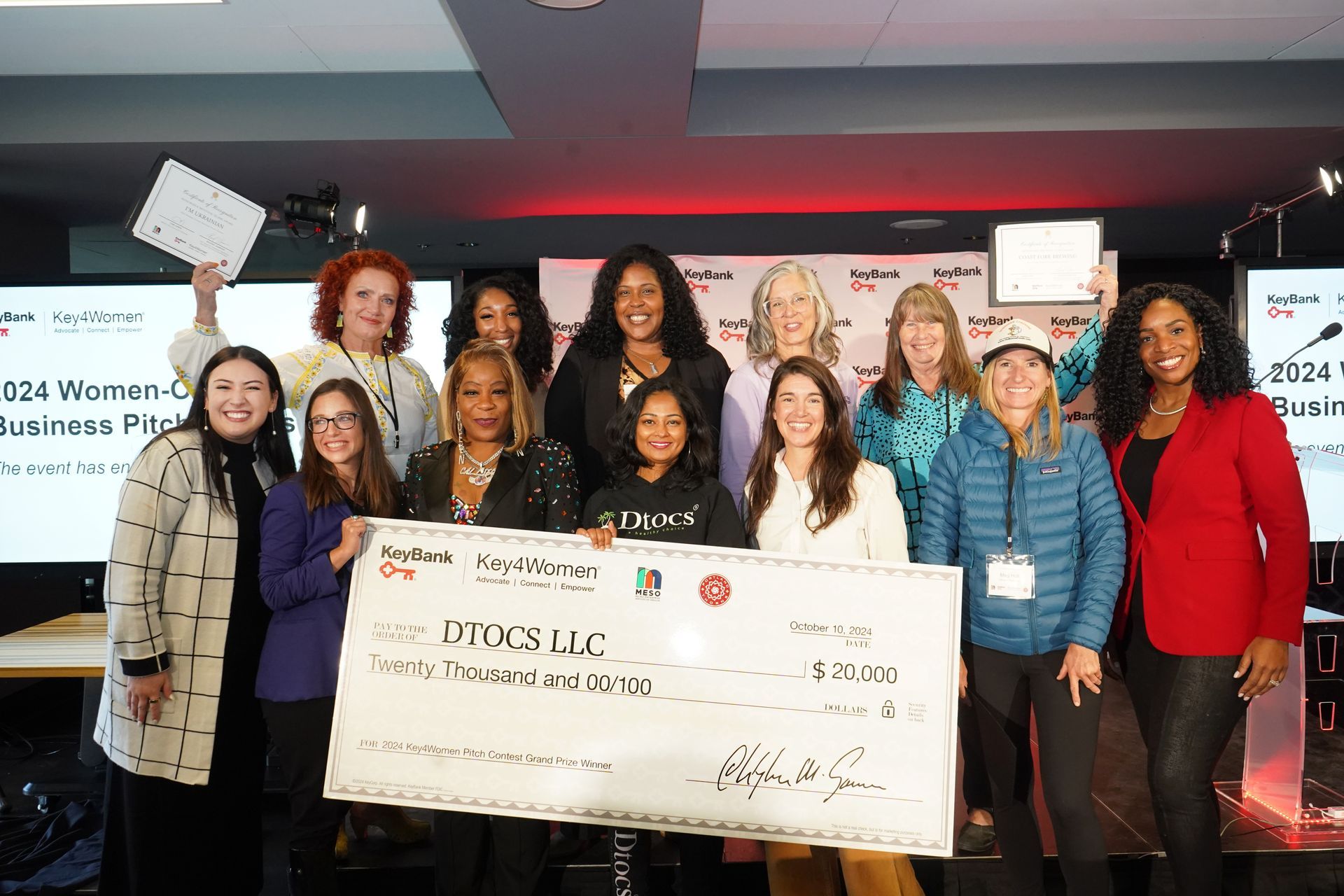 A group of women standing next to each other holding a large check.