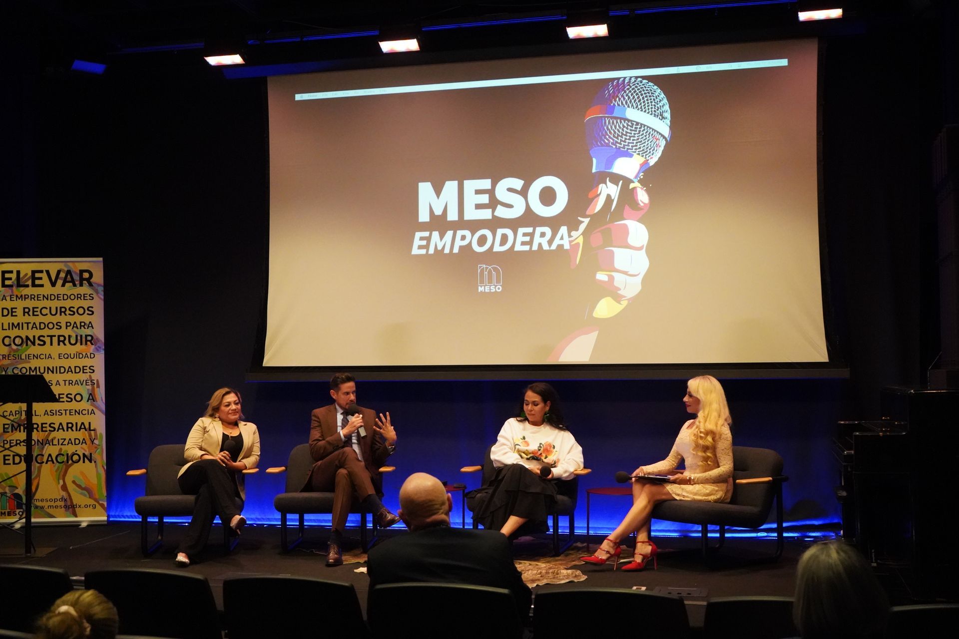 A group of people are sitting in front of a screen that says meso empodera