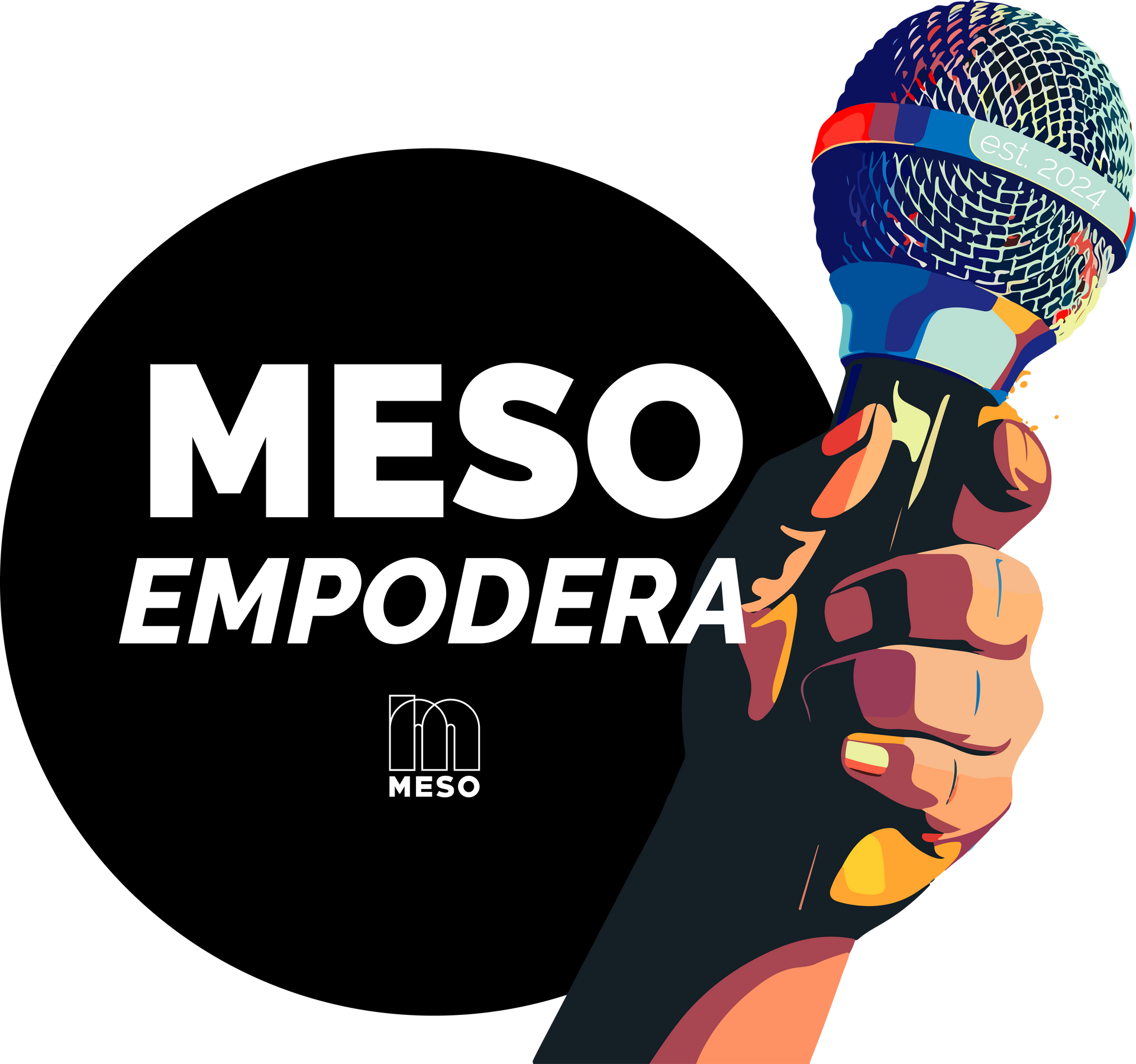 A hand is holding a microphone in front of a logo that says meso empodera.