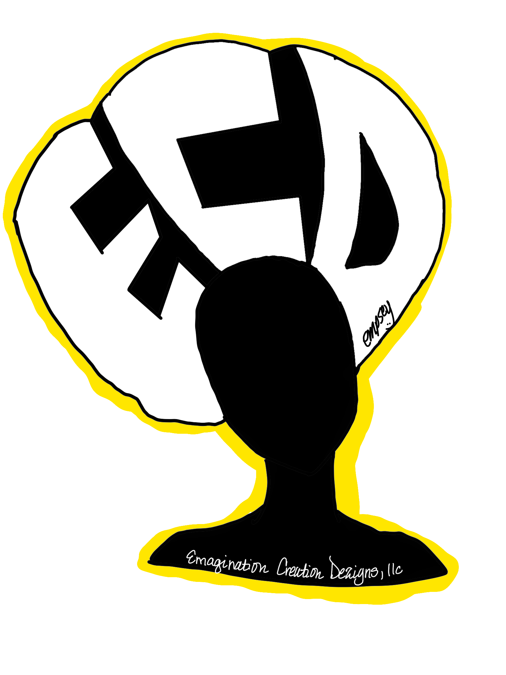 A black and white drawing of a person 's head with a yellow outline.