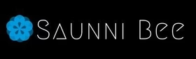 A logo for sauna bee with a blue flower on a black background