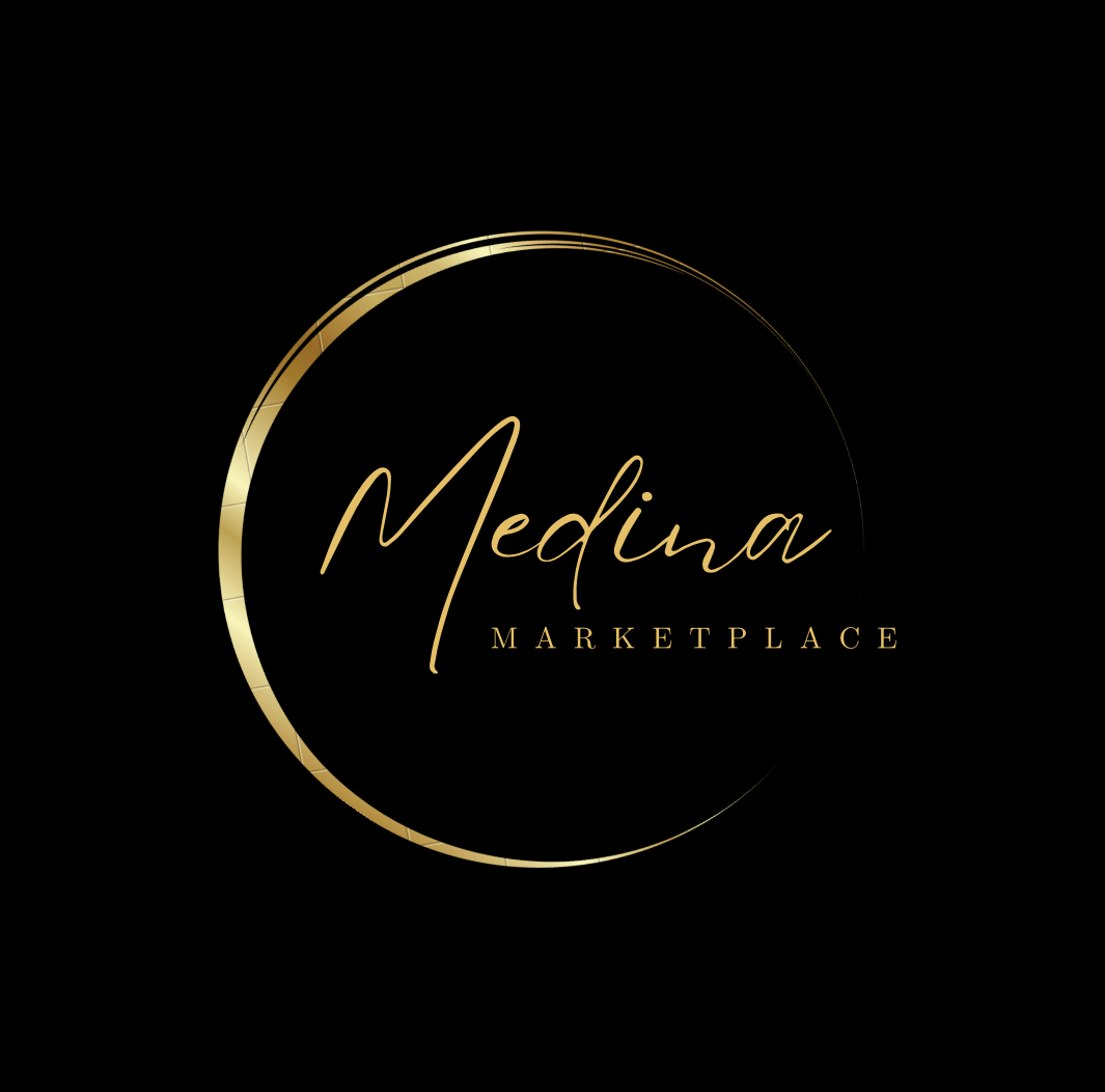 A medina marketplace logo with a gold circle on a black background