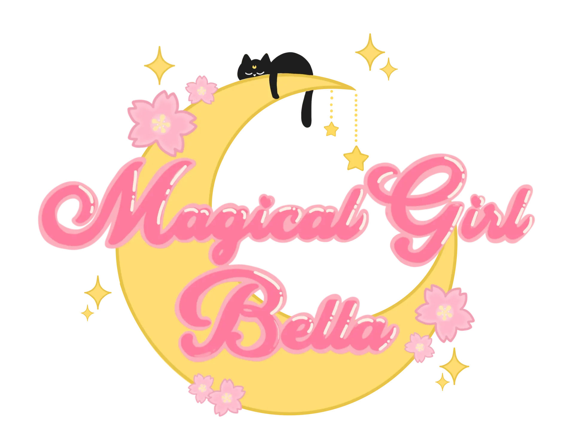 A logo for magical girl bella with a cat sleeping on a crescent moon