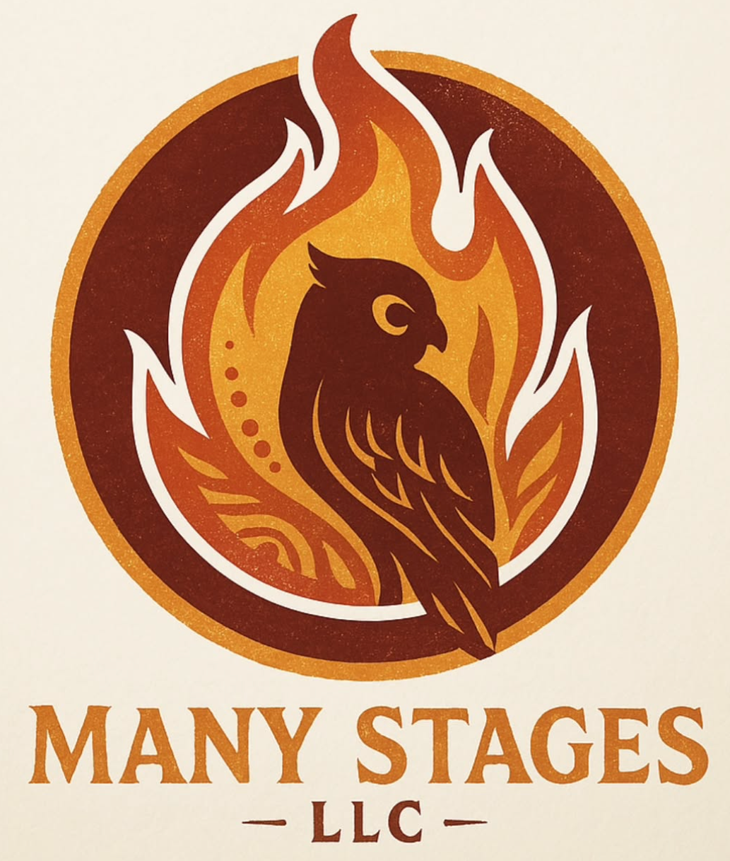 A logo for many stages llc with a bird and flames