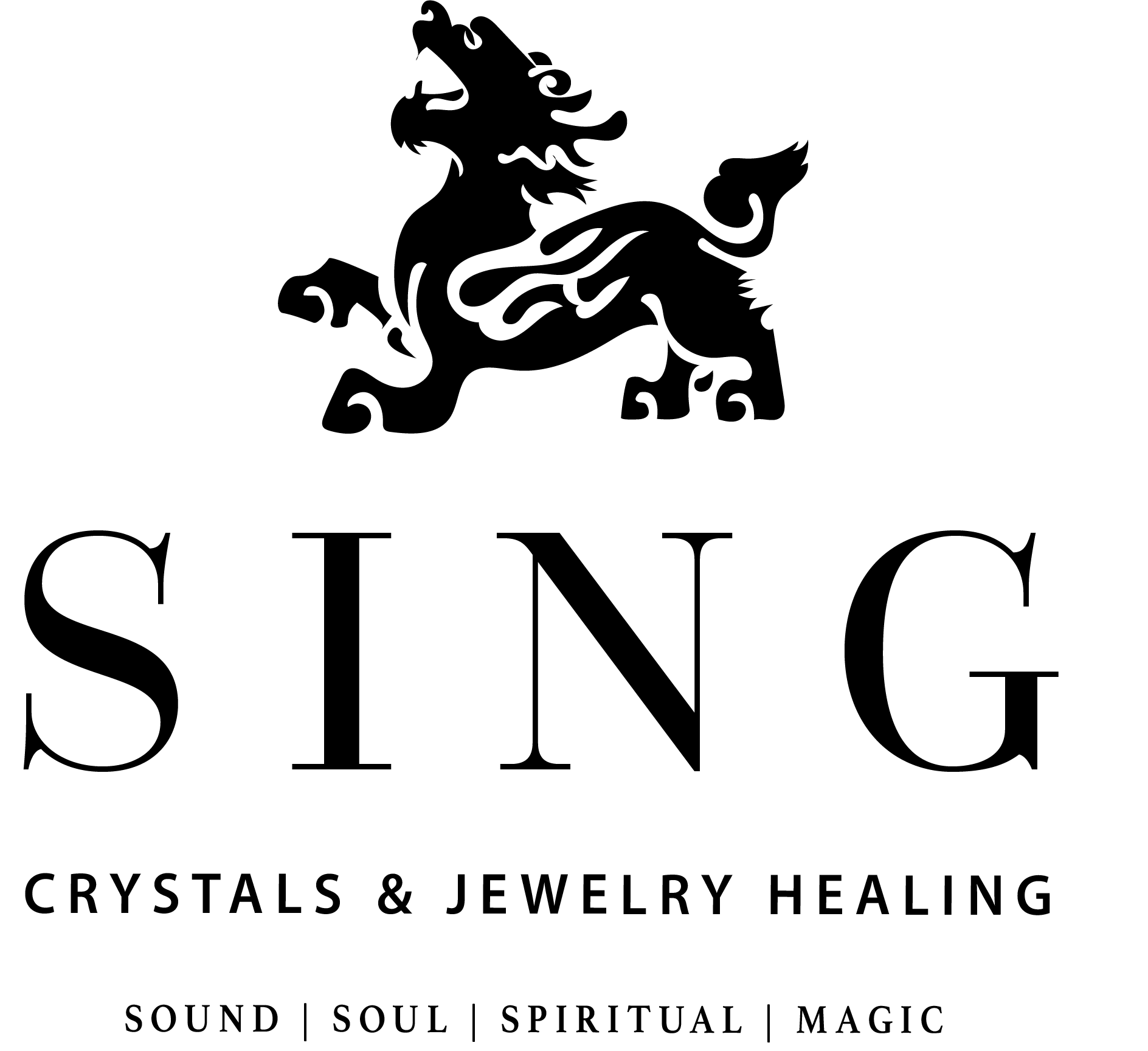 A black and white logo for a company called sing crystals and jewelry healing.