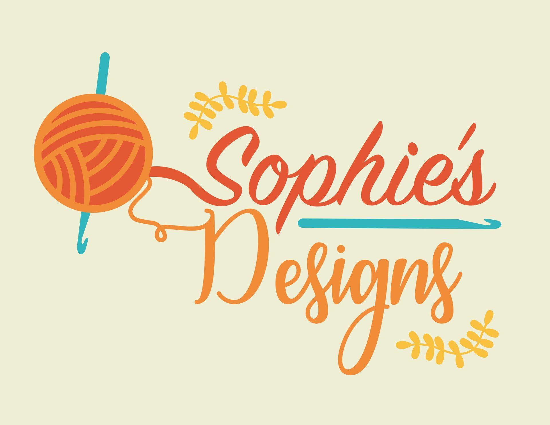 A logo for sophie 's designs with a ball of yarn and a crochet hook.
