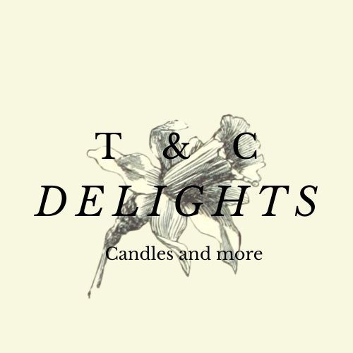 A logo for t & c delights candles and more with a drawing of a flower.