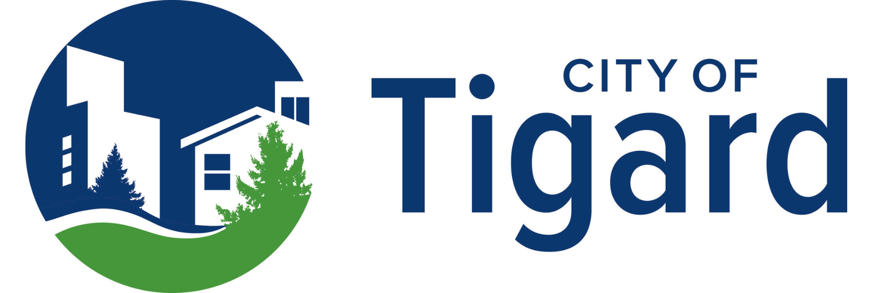 The city of tigard logo is a blue and green circle with a house in the middle.