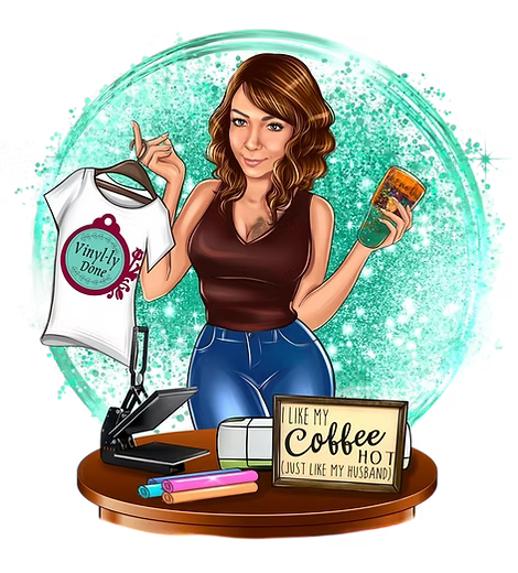 A woman is sitting at a table holding a t-shirt and a cup of coffee.