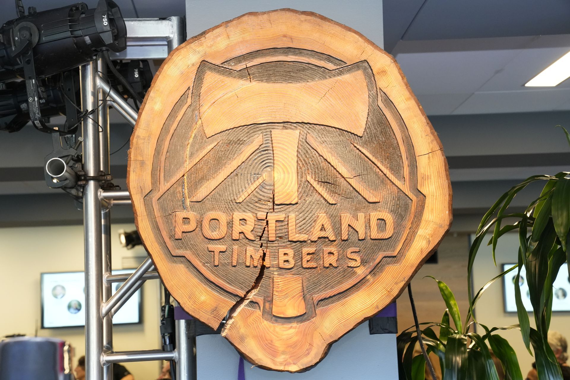 A sign for portland timbers is carved into a tree stump
