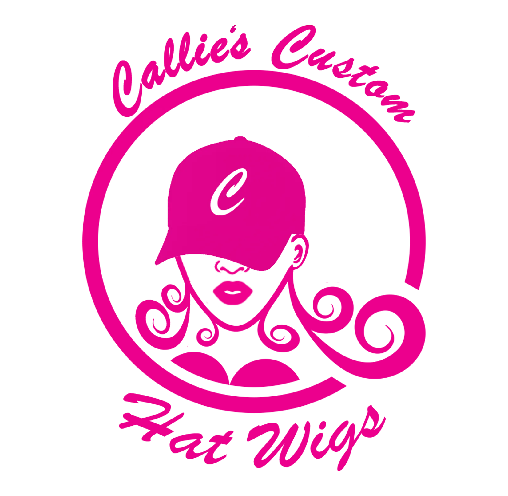 The logo for callie 's custom hat wigs shows a woman wearing a baseball cap.