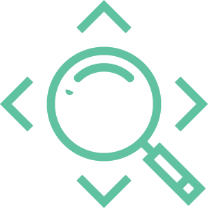 A magnifying glass is surrounded by arrows on a white background.