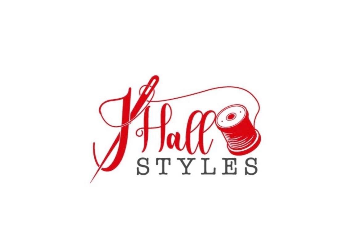 A logo for hall styles with a spool of thread and a needle.