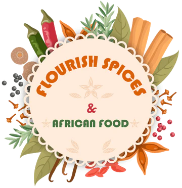 A logo for flourish spices and african food