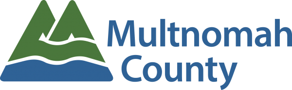A logo for multnomah county with a mountain and water