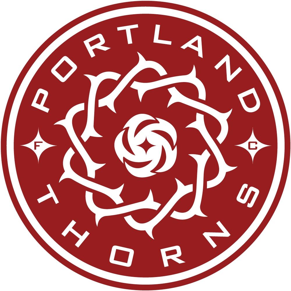 A red and white logo for portland horns