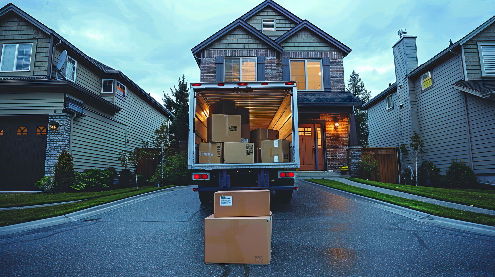 Delivery truck parked in front of a house, boxes on the street and in the truck.