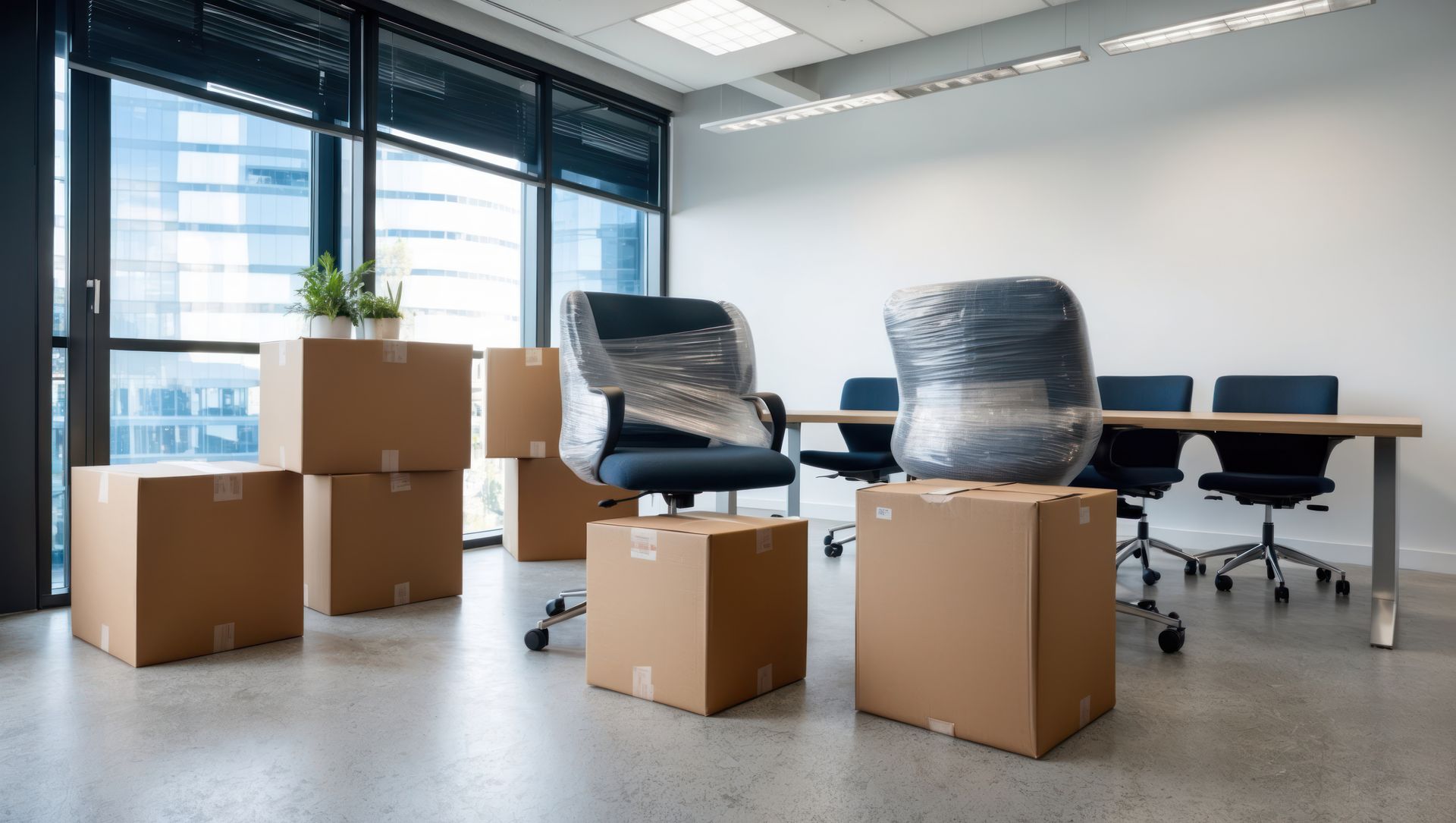 Empty office space, packed boxes, and wrapped chairs, ready for relocation near a large window.