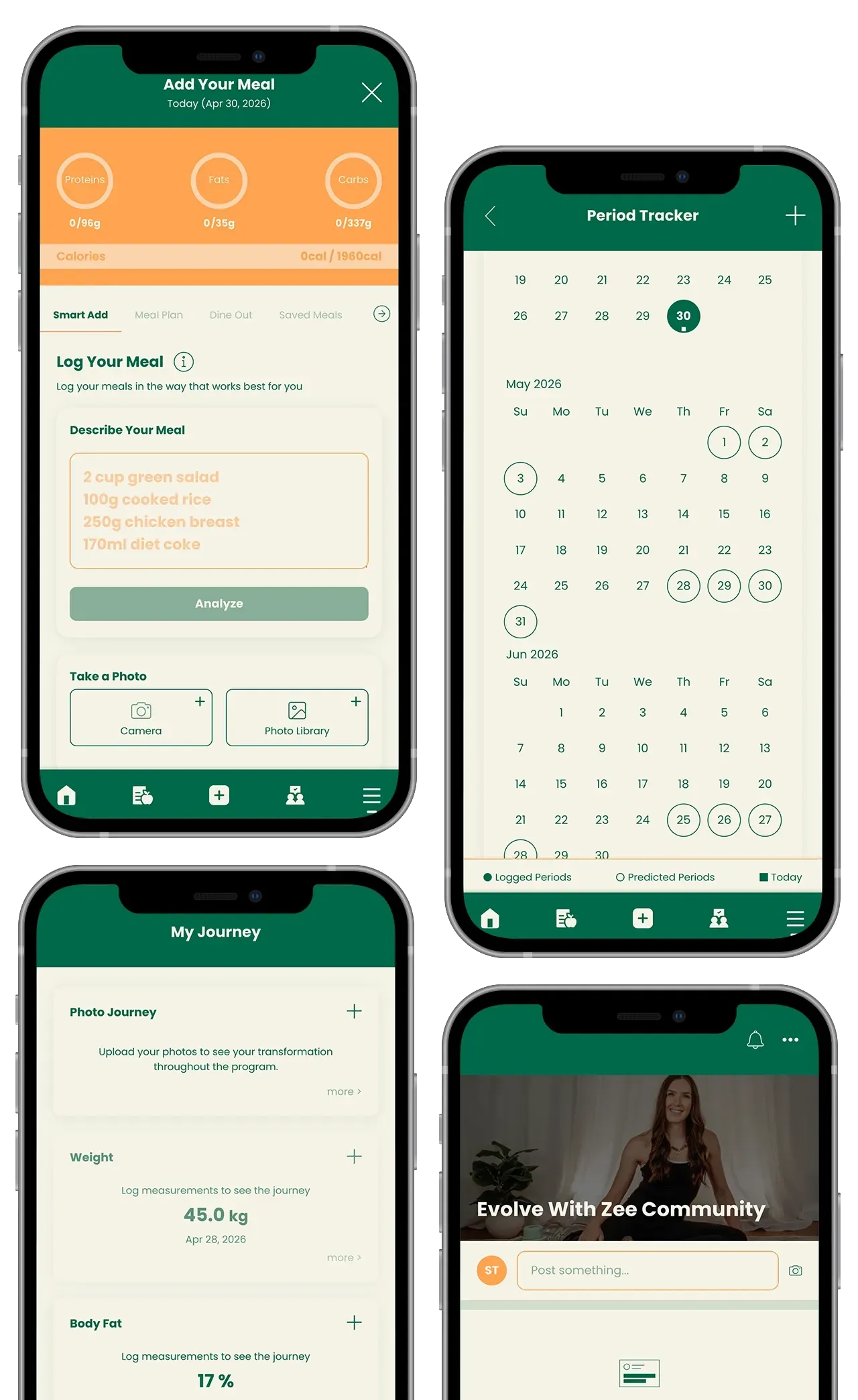 Collage of a green-and-orange mobile app showing a calendar, schedule, home screen, and video player.