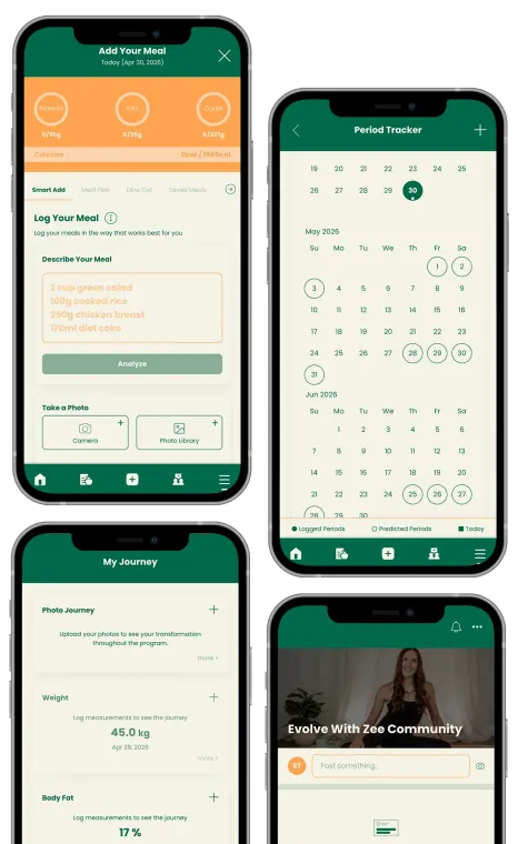 Collage of a green-and-orange mobile app showing a calendar, schedule, home screen, and video player.