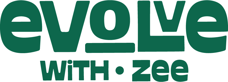 Green “evolve with zee” logo on a white background