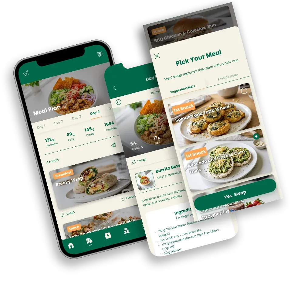 Mobile food-ordering app screens with green accents and plated dishes on overlapping phone mockups