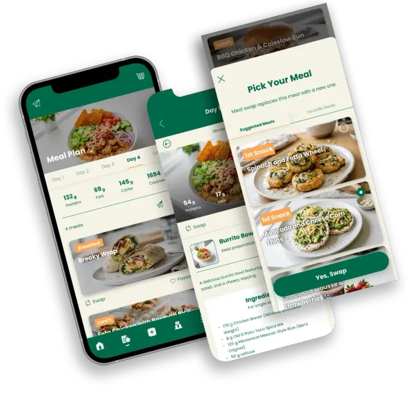 Mobile food-ordering app screens with green accents and plated dishes on overlapping phone mockups