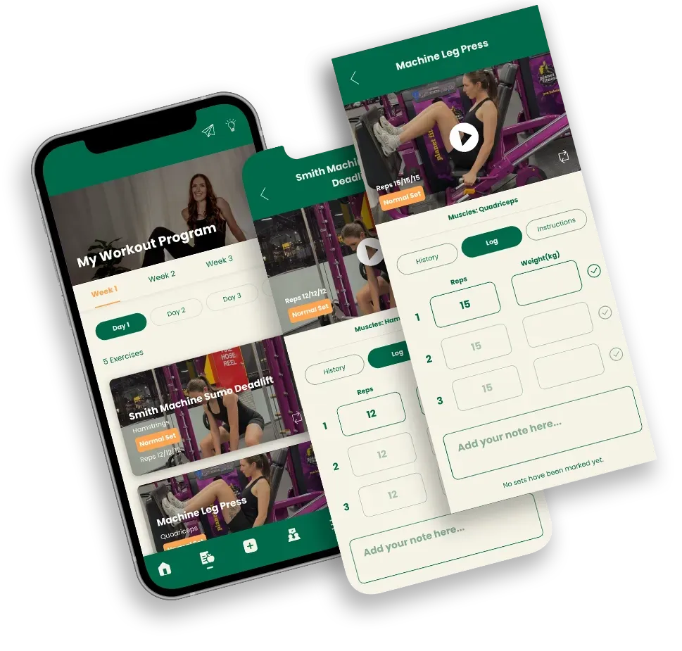 Three smartphone screens showing a green fitness app interface and workout/video dashboard