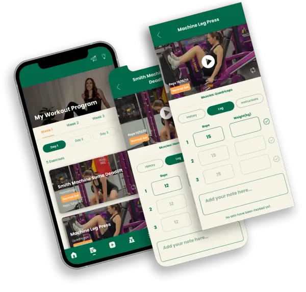 Three smartphone screens showing a green fitness app interface and workout/video dashboard
