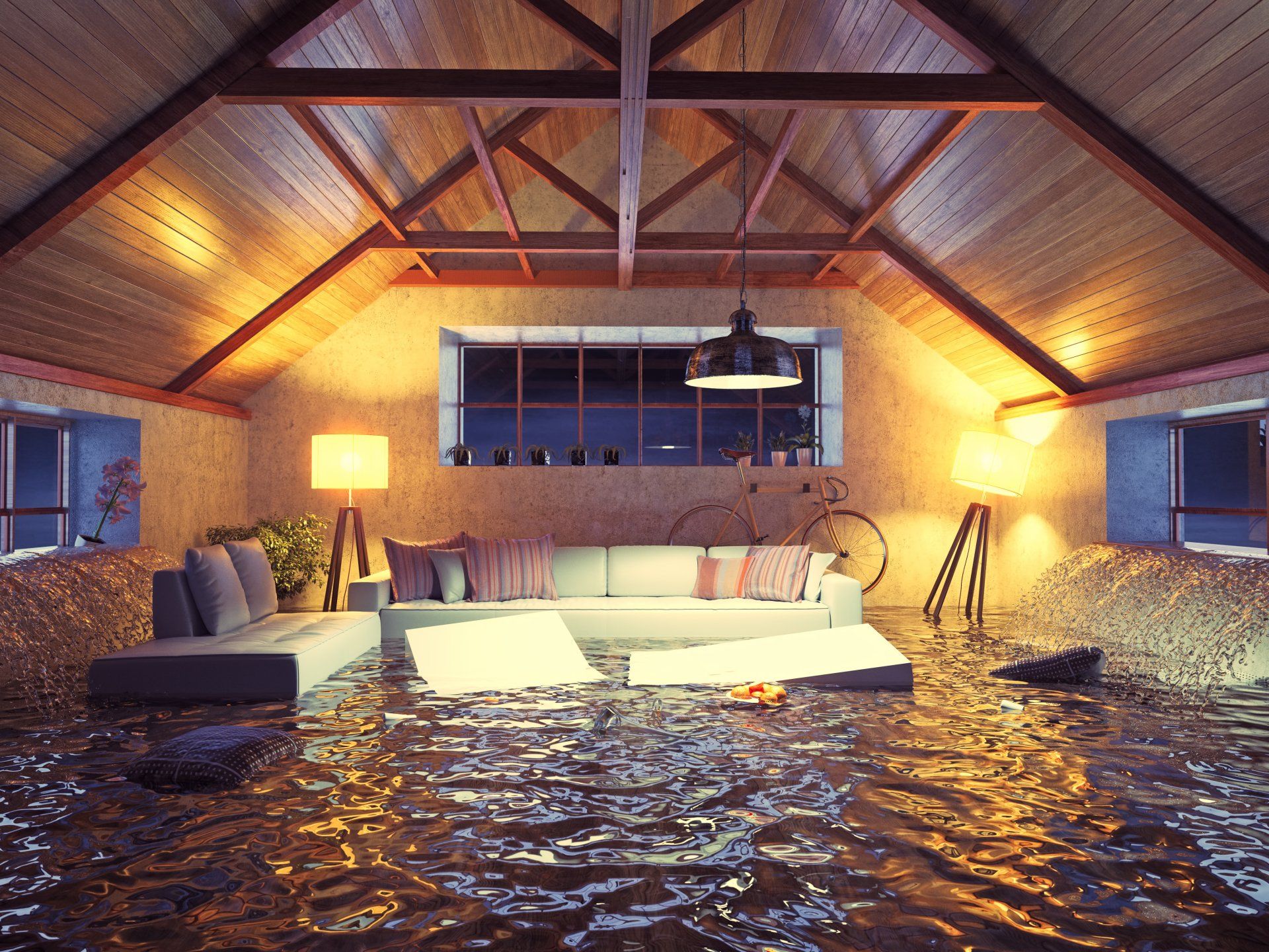 Flooding modern interior loft in the evening