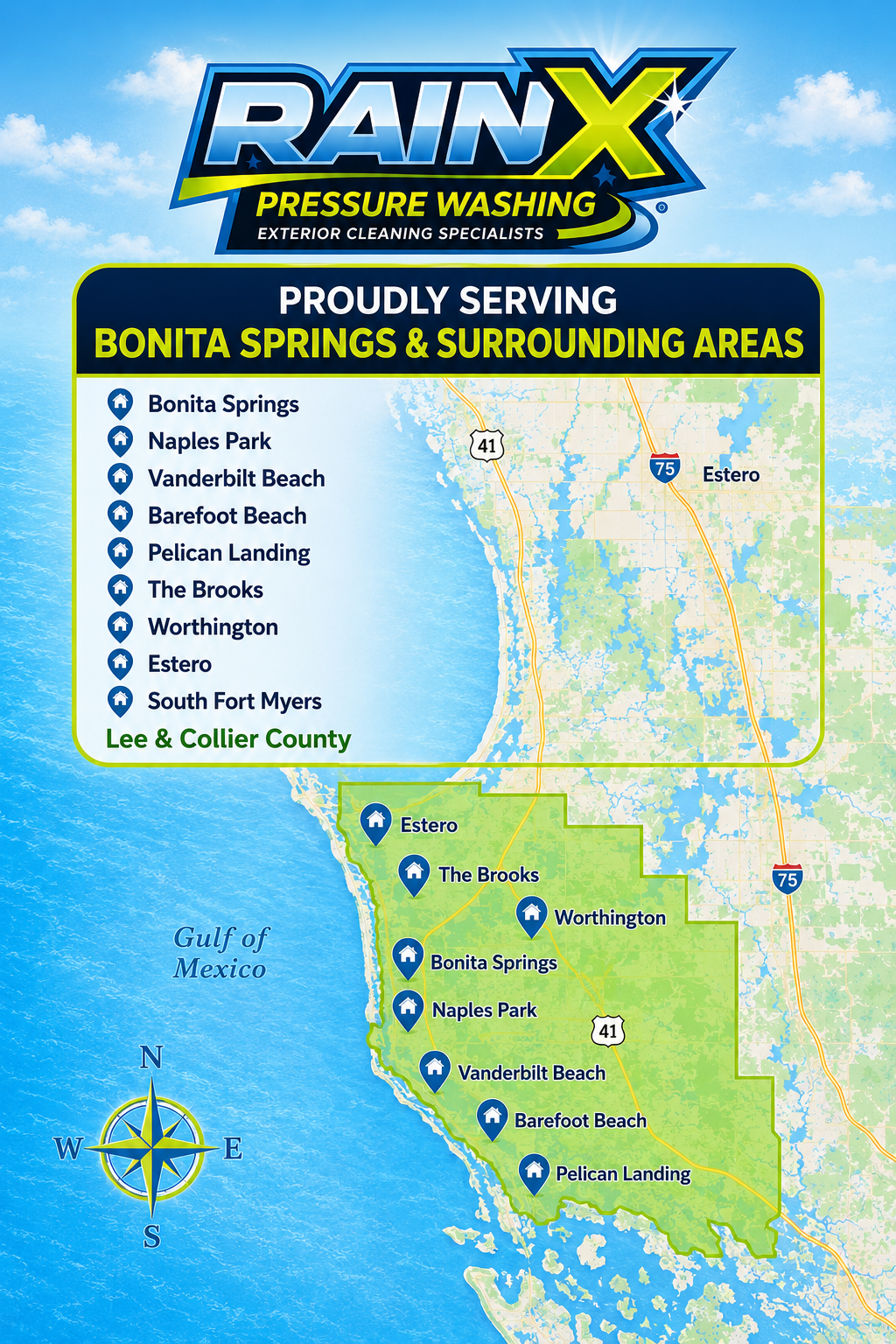 RainX pressure washing ad with service map for Bonita Springs and surrounding areas, blue and green design