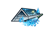 A roof with a gutter being cleaned by a stream of water from a hose nozzle, with water droplets spraying around it.