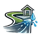 A water droplet splashes onto a gray road winding past a small building with a green roof.