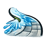 A stylized, curved graphic of blue water splashing over a gray, paved, semi-circular surface against a white background.