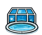 A round swimming pool enclosed by a glass-paneled sunroom structure.
