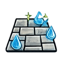 A stylized illustration of gray stone pavers being cleaned by blue water droplets and a green sparkle.